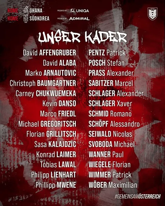 开云体育app-奥地利大名单：德甲多人领衔，转籍的万纳+楚克乌梅卡均入选